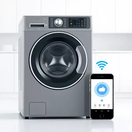 Modern washing machine with smartphone control.